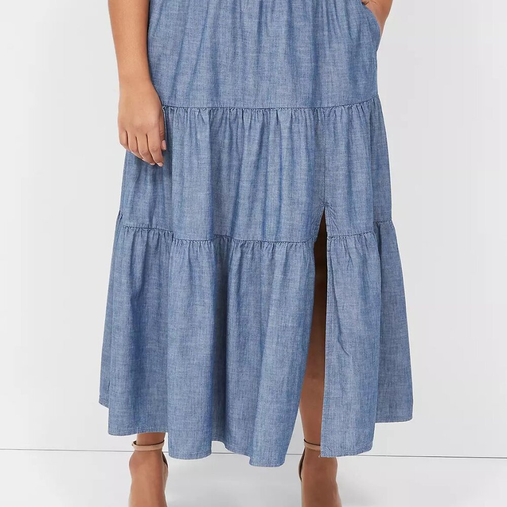 Lane Bryant Chambray Ruffled Maxi Skirt with Slit Size 14/16